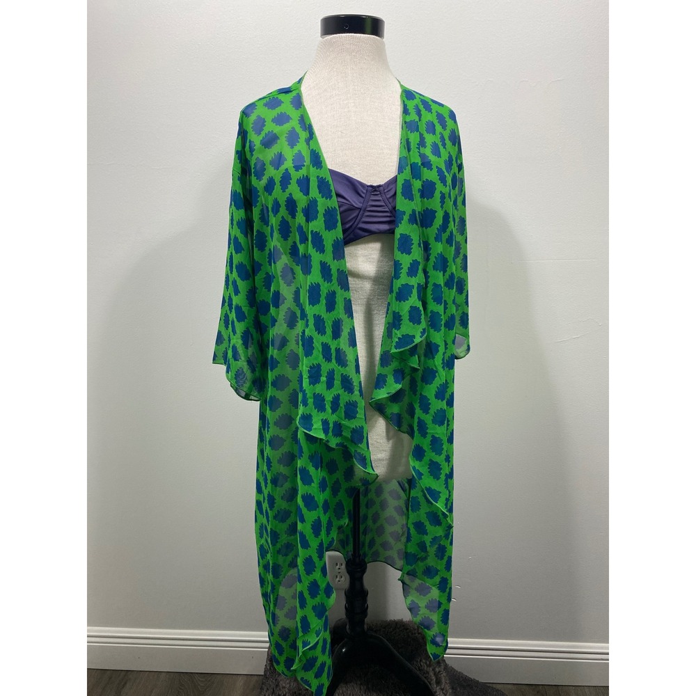 LuLaRoe Joy Vest Womens Medium‎ Green Blue Ikat Leaf Print Sheer Longline Duster
